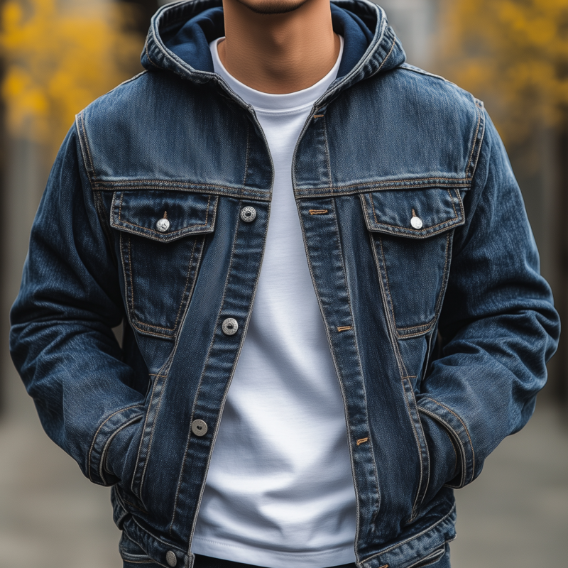 Men's Casual Outdoor Denim Washed Distressed Hooded Single-breasted Loose Bomber Jacket MTA1405H6M