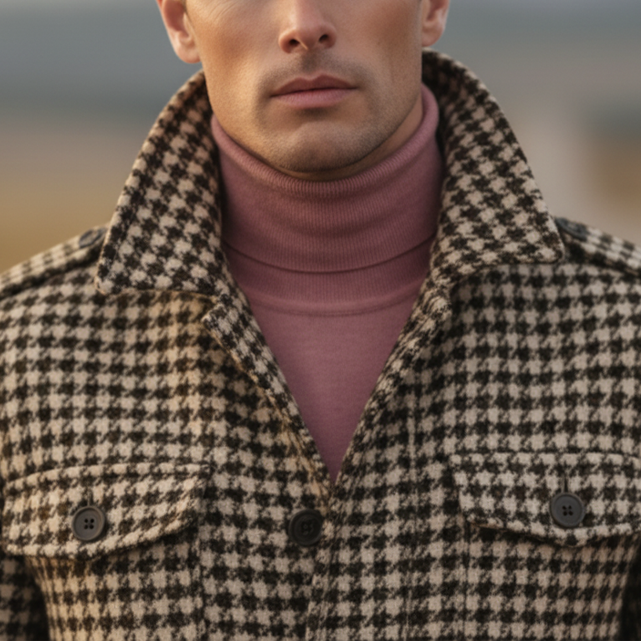 Men's Classic Retro Stand-up Collar Multi-pocket Faux Houndstooth Wool Jacket (including Belt) MTA0643K4K