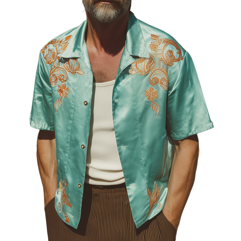 Men's Summer Contrast Retro Embroidered Short Sleeve Shirt MTA1797F5U