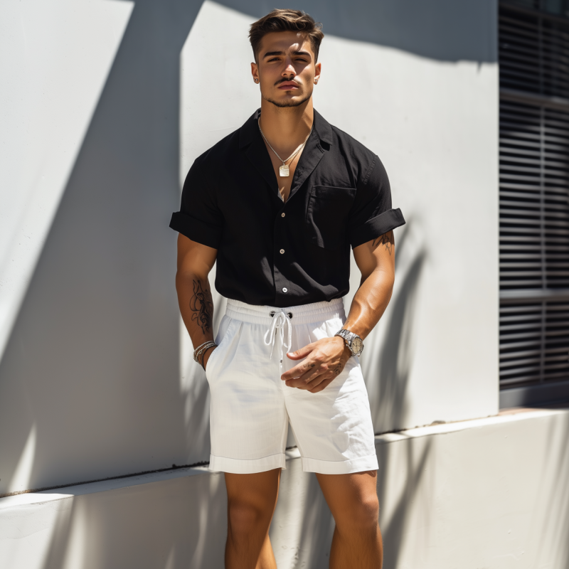 Men's Casual Breathable Cotton Linen Slim Fit Cuban Collar Patch Pocket Short Sleeve Shirt Elastic Waist Shorts Set MTA0516F5M