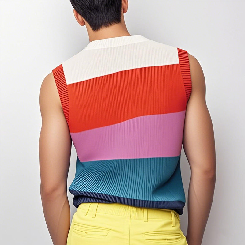Men's Casual V Neck Contrast Color Striped Soft Knitted Tank Top MTA0739D7M