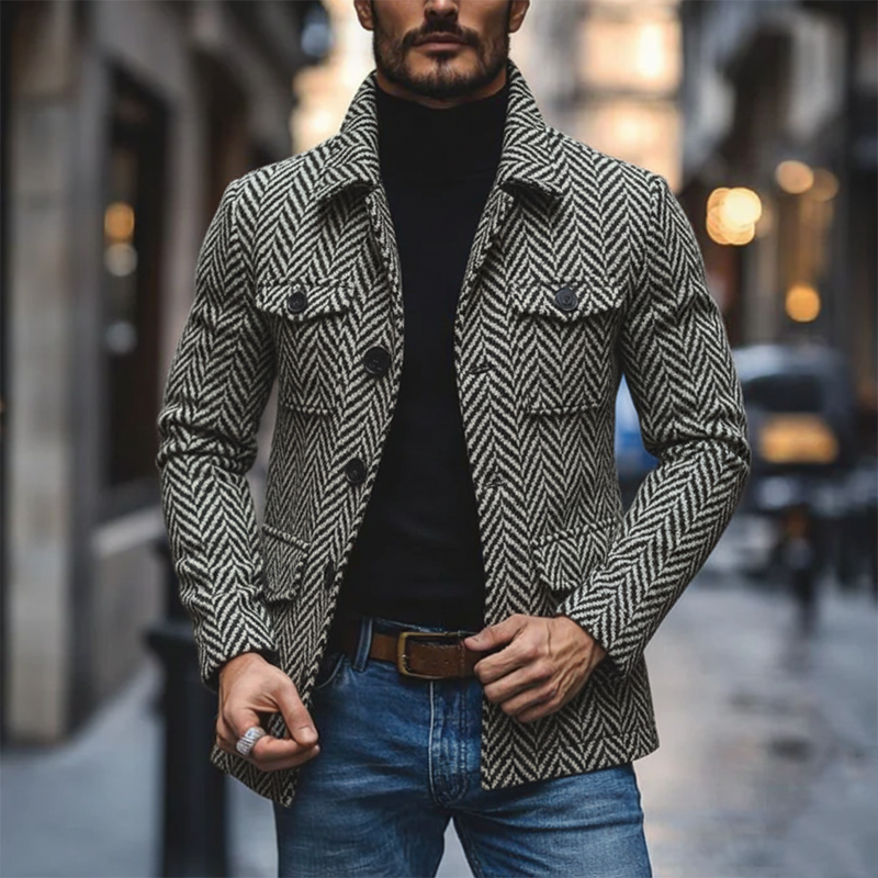 Men's Retro Minimalist Herringbone Faux Wool Multi-Pocket Jacket MTA0311K9P