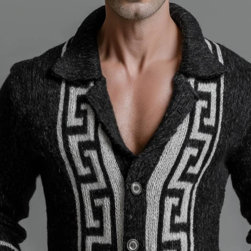 Men's Vintage Casual Knitted Greek Key Lapel Button Cardigan MTA1360J0TO