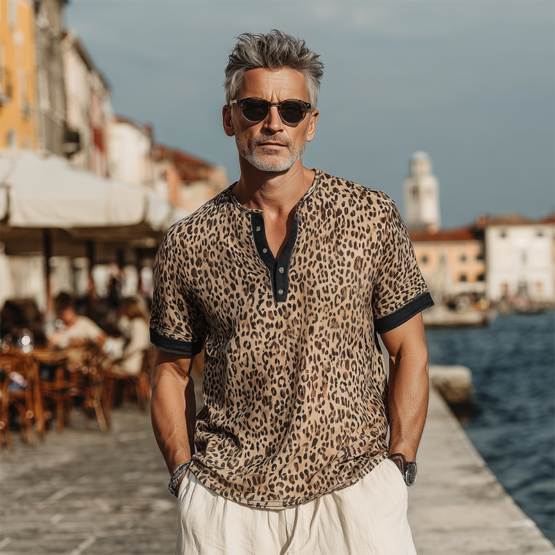 Men's Fashion Casual Cotton Blended Printed Leopard Stitching Henley Neck Short Sleeve T-Shirt MTA1476G2K