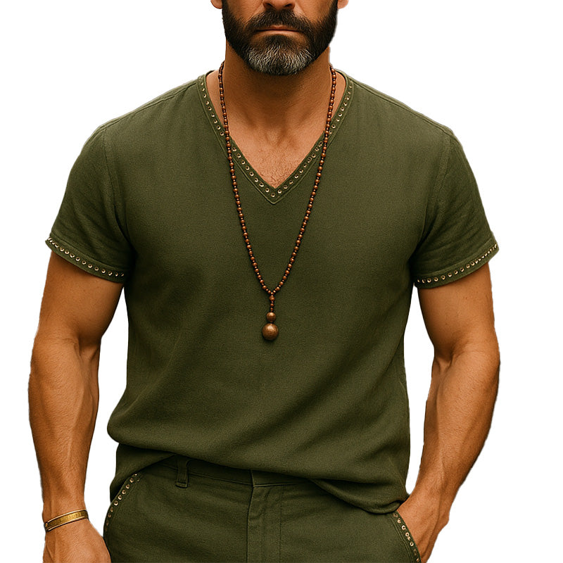 Men's Summer Breathable Comfort Hole V-Neck Linen Blended Short Sleeve T-Shirt MTA2388E6P