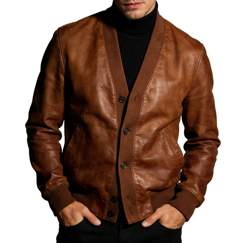 Men's Retro Casual PU Button Cardigan MTA0924L7TO