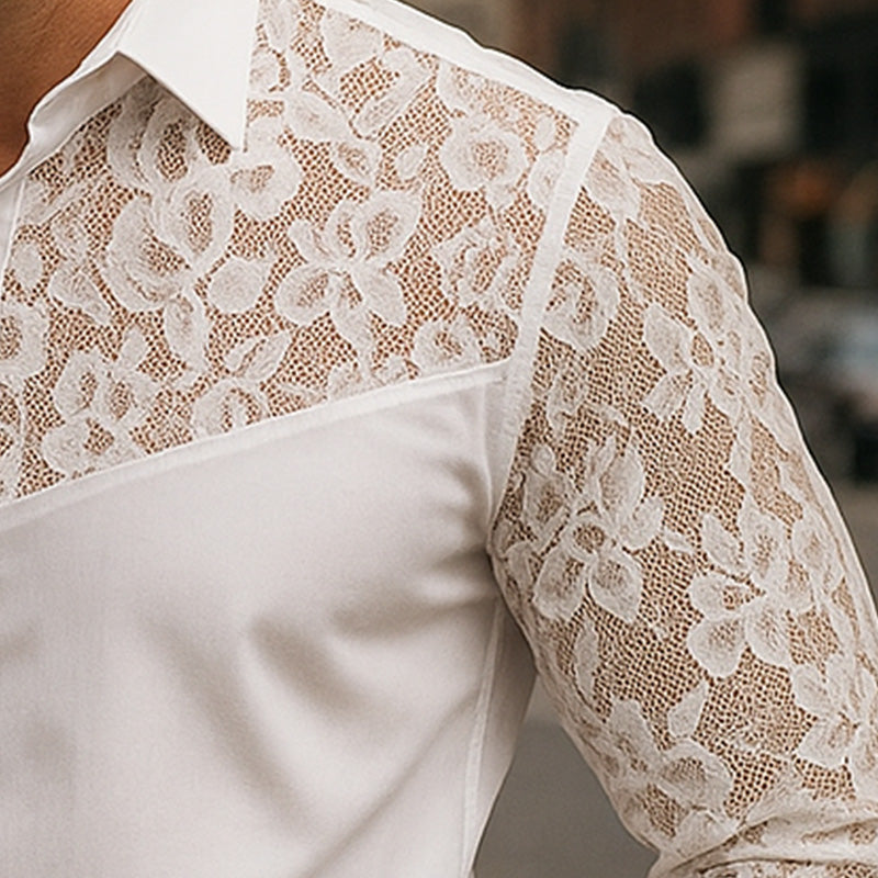 Men's Summer Elegant Simple Lace Patchwork Long Sleeve Shirt MTA2361E9P