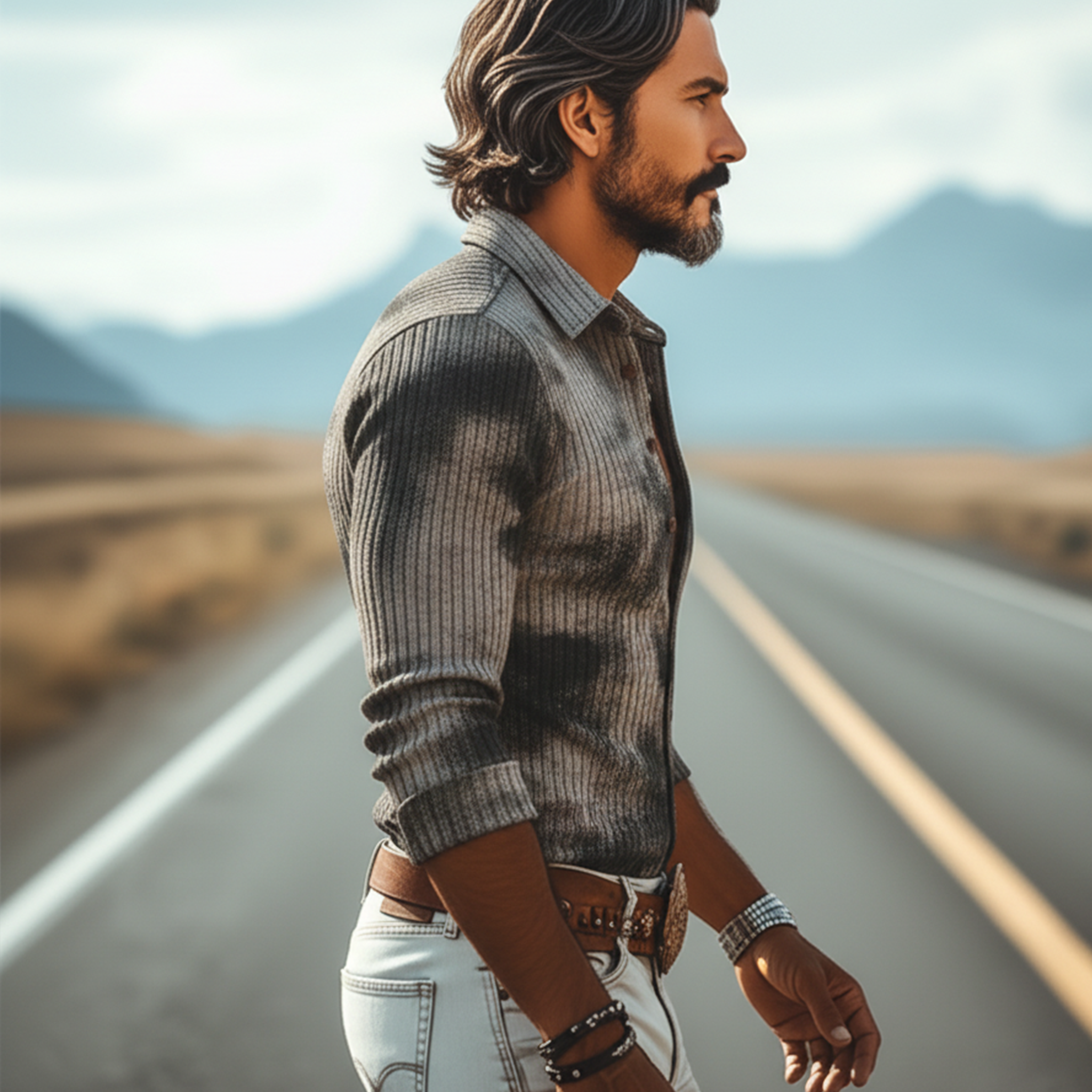 Men's Classic Retro Western Style Printed Ribbed Slim-fit Long-sleeved Shirt MTA0138L0K