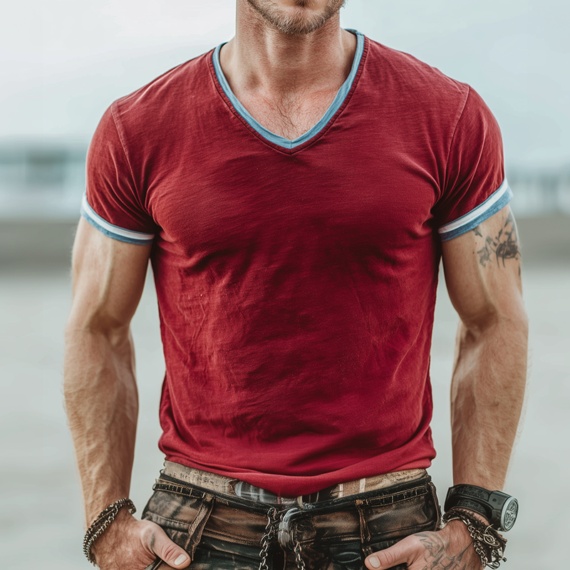 Men's Retro Casual Colorblock V-neck Short Sleeve T-shirt MTA1418G1TO
