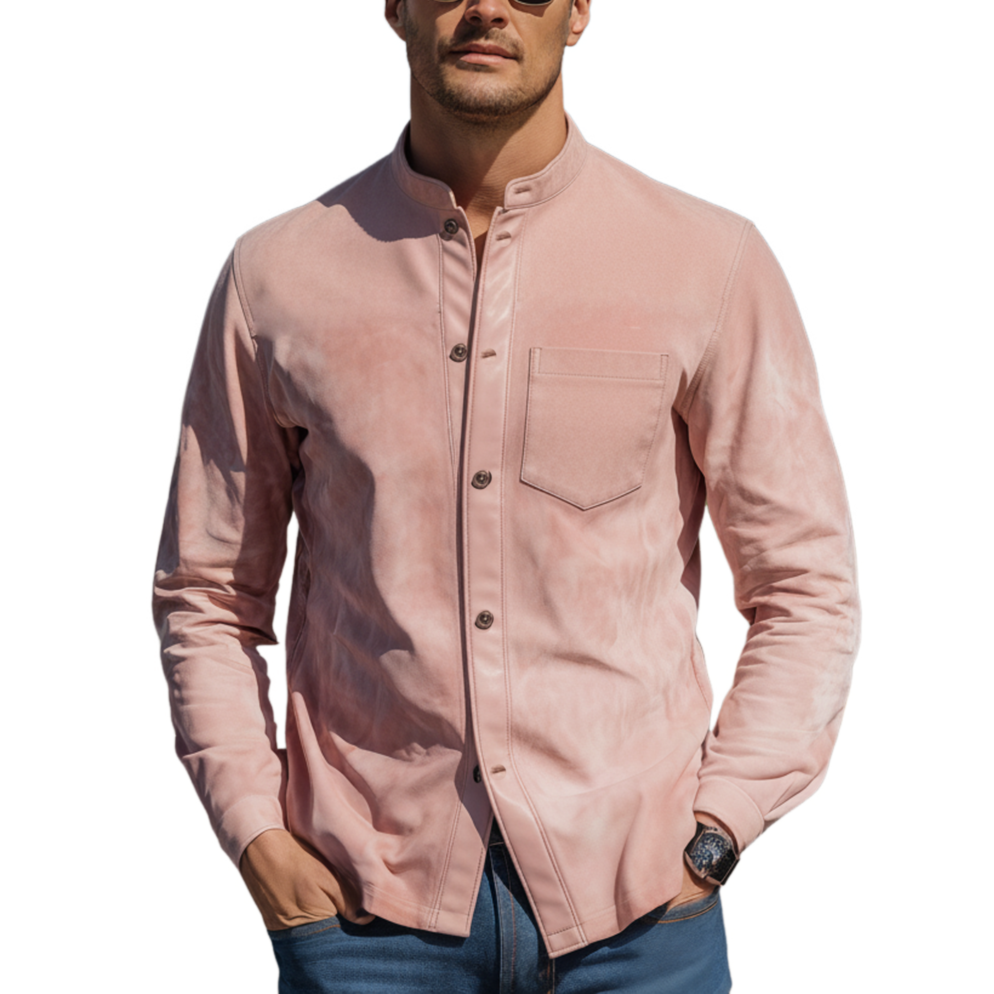 Men's Classic Vintage PU Leather Placket Stand-collar Pink Suede Long-sleeved Shirt MTA2999L6K