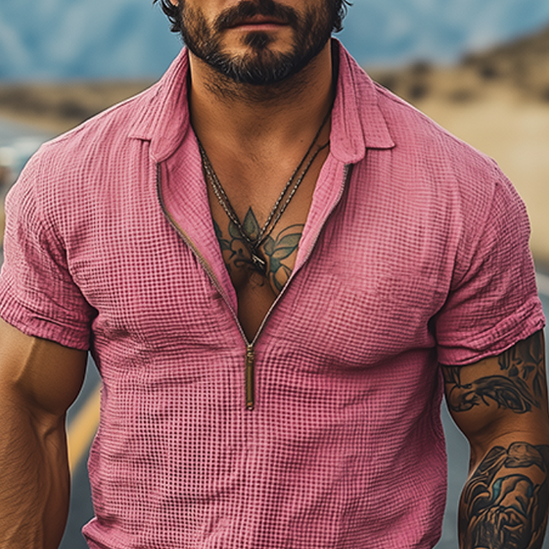 Men's Casual Classic American Western Tough Guy Style Waffle V-neck Zipper Slim Short-sleeved T-shirt MTA2869E9K