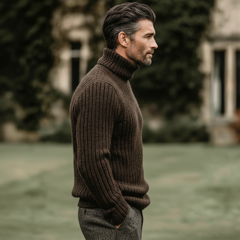 Men's Classic Vintage Dark Brown Turtleneck Ribbed Sweater MTA2750K1U