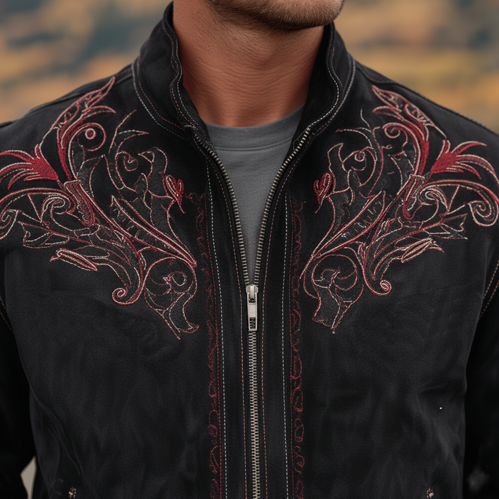 Men's Classic Retro Western Style Stand-up Collar Embroidered Faux Suede Zip-up Jacket MTA2799K9K