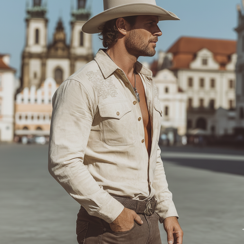 Men's Vintage Beige Faux Suede Embroidered Long-sleeved Shirt MTZ0817A8U