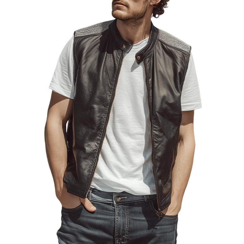 Men's Spring And Summer Fashion Casual Shoulder Splicing Mesh Fabric Stand Collar Zipper Leather Vest MTA0309G5K