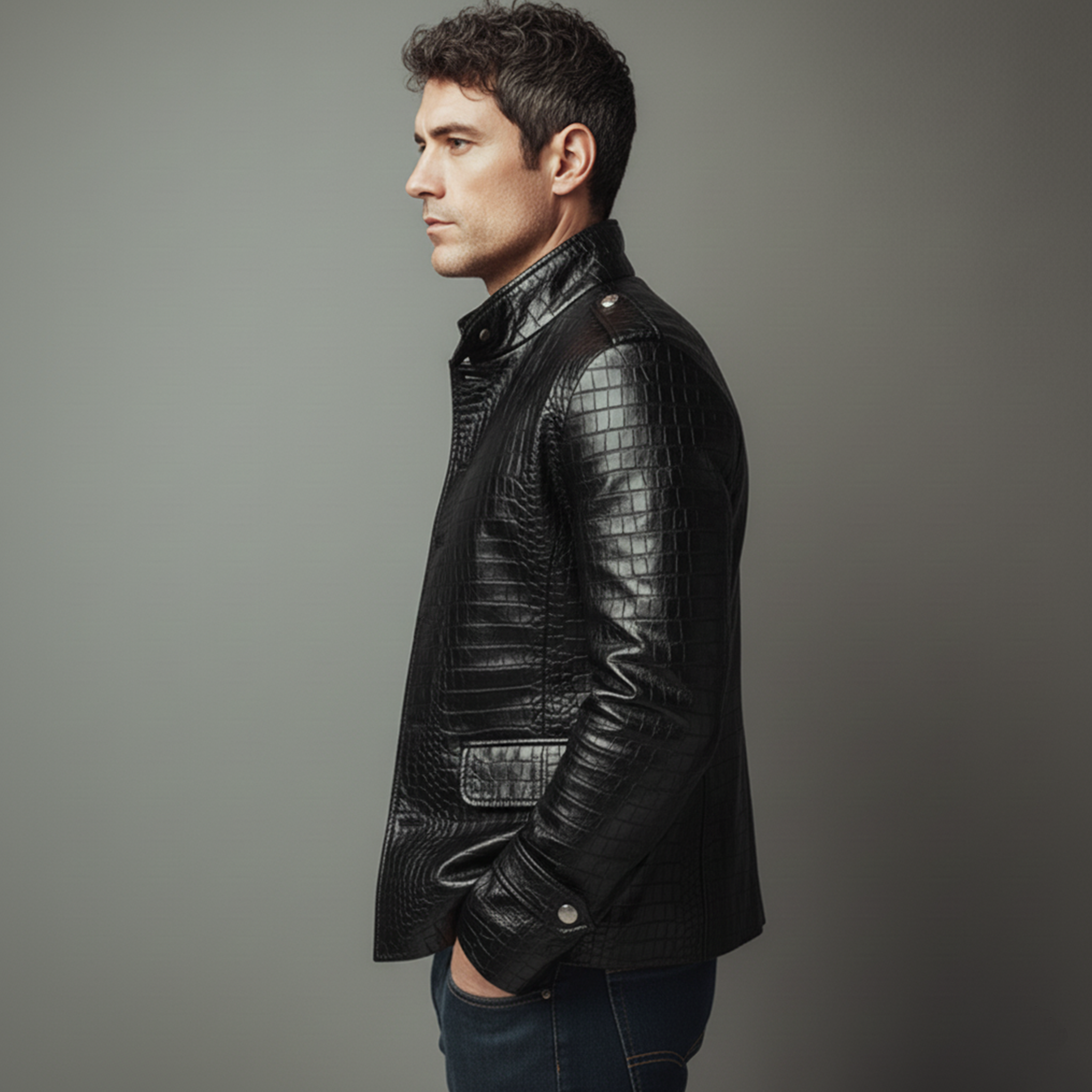 Men's Classic Casual Stand Collar Crocodile Leather Texture Pu Leather Jacket MTA1571J1K