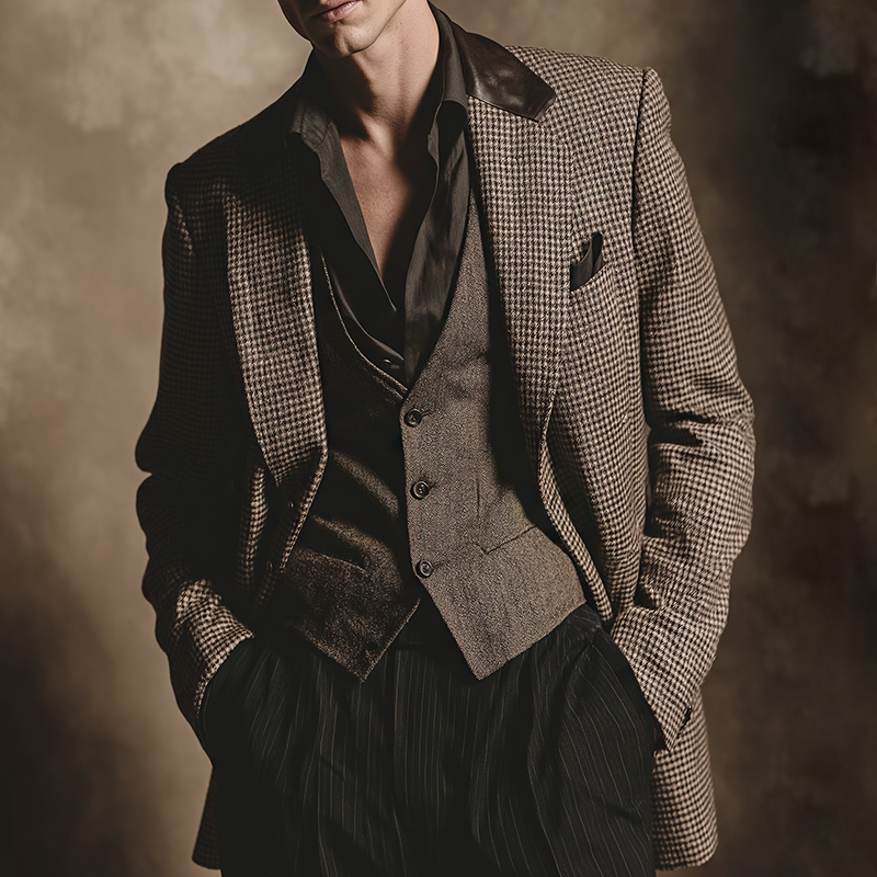 Men's Retro Casual Plaid PU Patchwork Blazer MTA2455K3TO