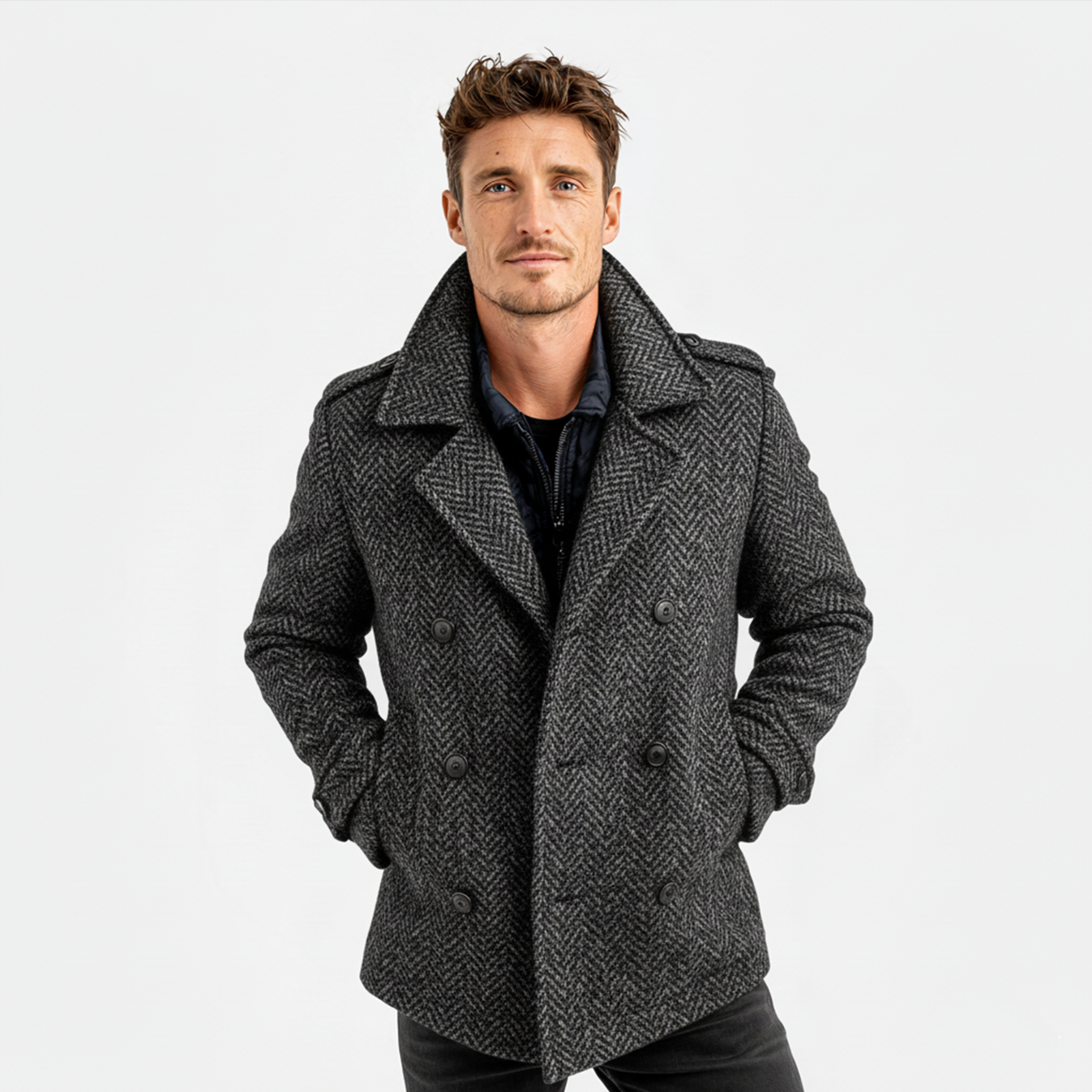 Men's Classic Light Business Lapel Double-breasted Faux Herringbone Wool Coat MTA3060I6K