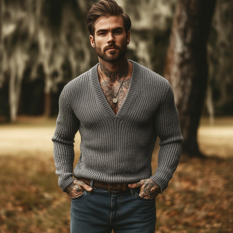 Men's Casual Solid Color Breathable Knitted V-neck Slim Fit Pullover Sweater MTA2855H8M