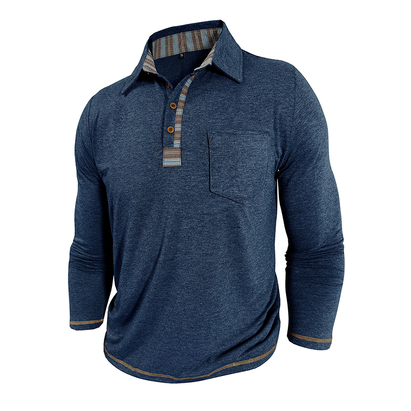 Men's Cotton Blend Contrast Color Long Sleeve Lapel Polo Shirt MTA2921H0X