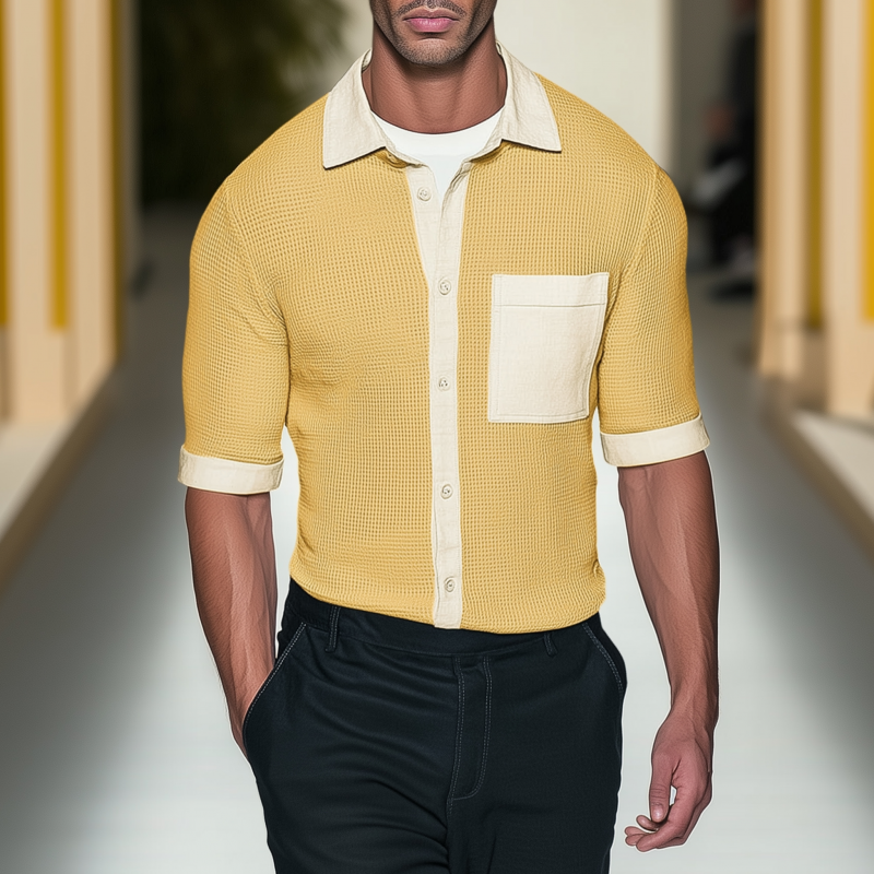 Men's Casual Waffle Contrast Color Patchwork Lapel Patch Pocket Slim Fit Mid-length Sleeve Shirt MTA1538G8M