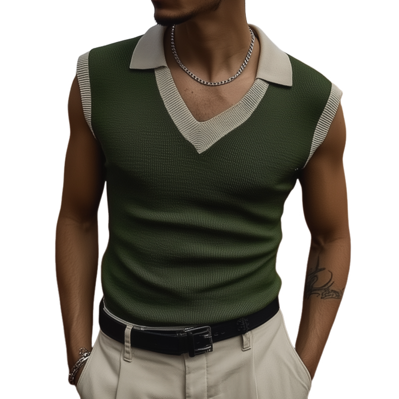 Men's Casual Breathable Colorblock Lapel Slim Fit Knitted Sleeveless Polo Shirt MTA1572G4M