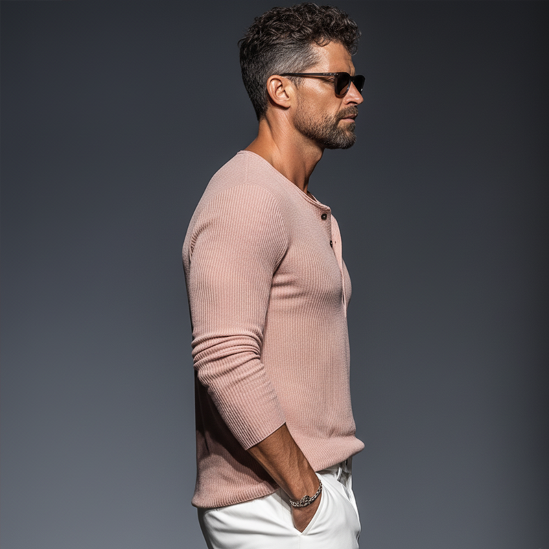 Men's Casual Pink Stretch Slim Fit Henley Knit Long Sleeve T-Shirt MTA2751J0U