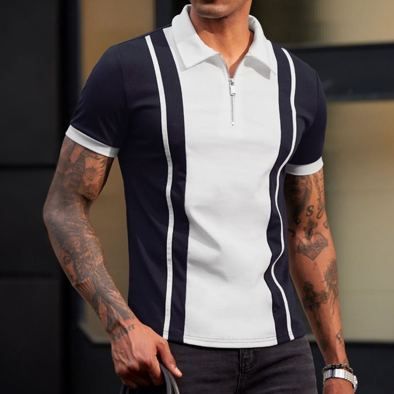 Men's Retro Casual Cotton Patchwork Zipper Short-Sleeved Polo Shirt MTA2253E4TO