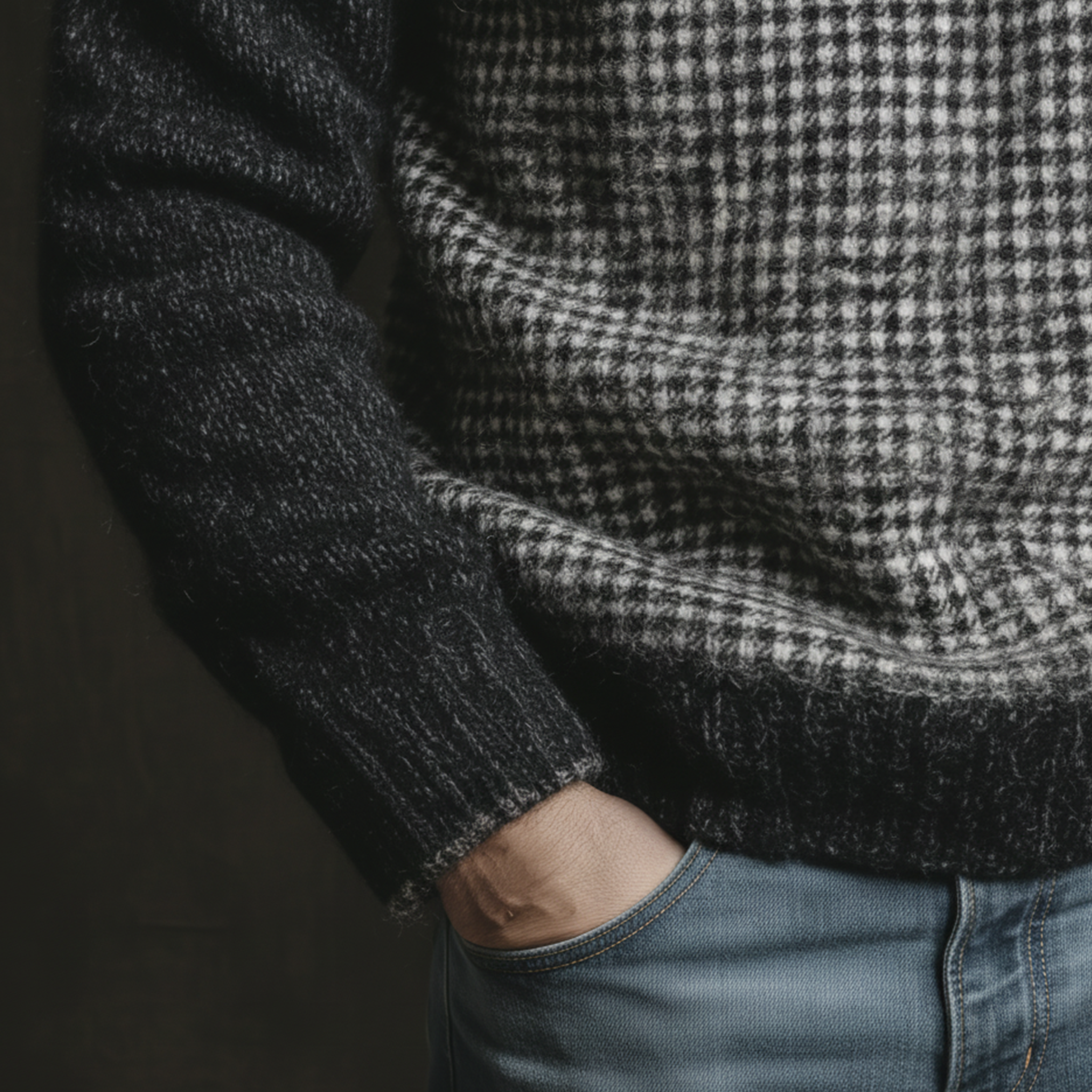 Men's Classic Casual Patchwork Houndstooth Pattern Hooded Loose Sweater MTA1007J2K