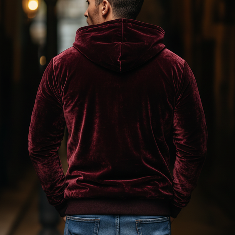 Men's Classic Burgundy Velvet Zip-Up Hooded Jacket MTA0500K6U