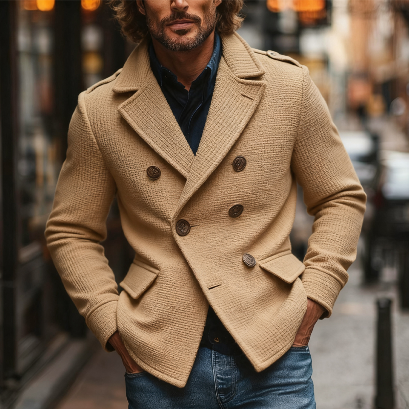 Men's Blended Solid Color Lapel Double-breasted Jacket MTA2466J1X