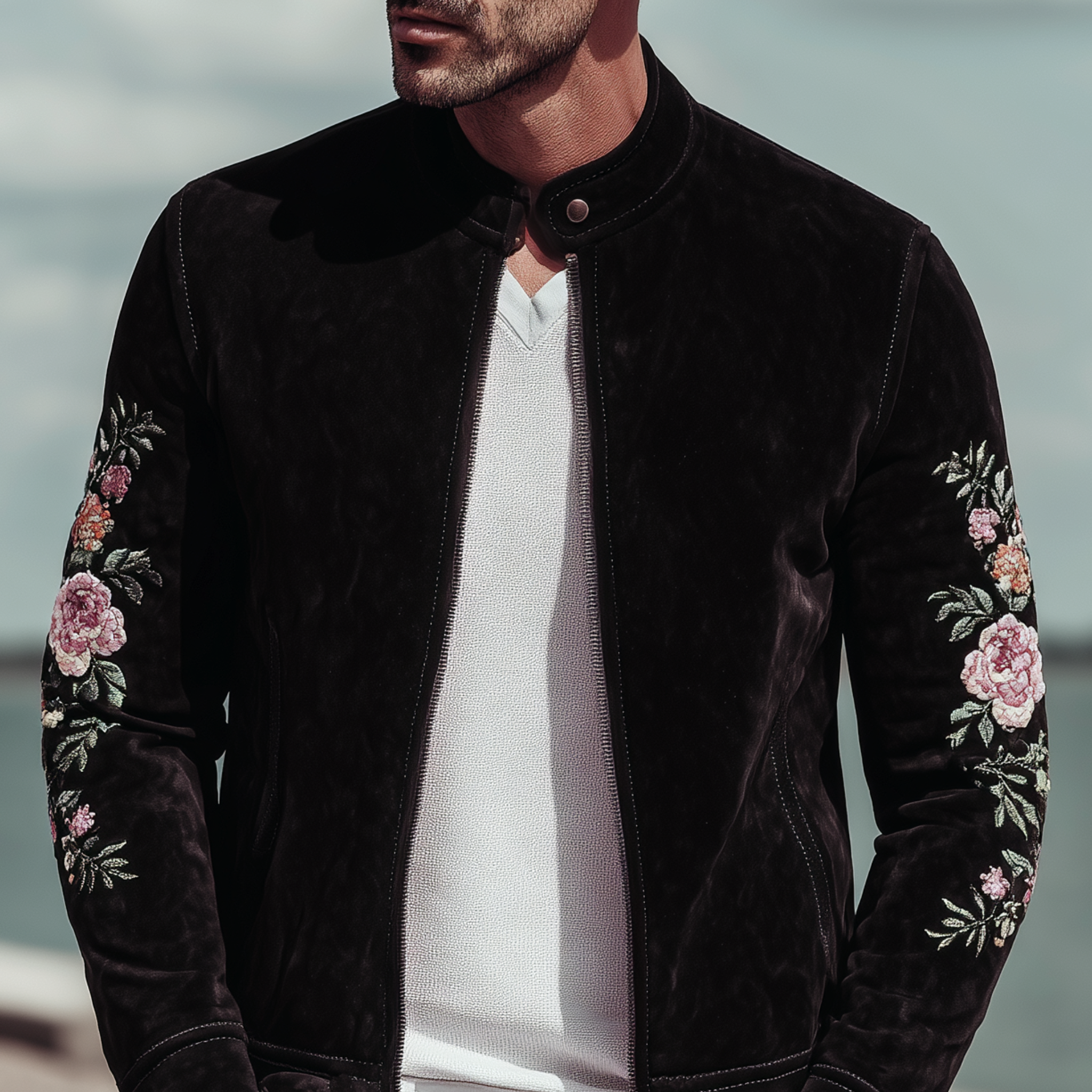 Men's Classic Vintage Stand Collar Suede Elbow Embroidery Zipper Jacket MTA1478H9K