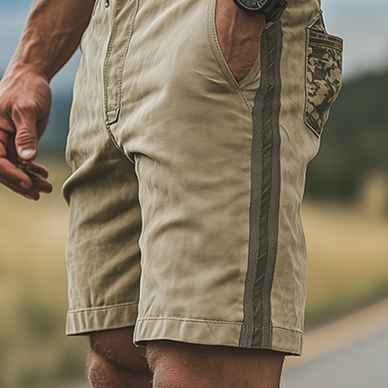 Men's Casual American Retro Western Tough Style Cotton Blend Washed Camouflage Pocket Stitching Webbing Shorts MTA0688F9K