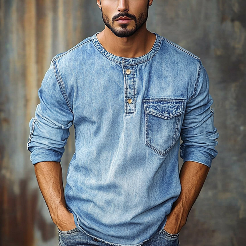 Men's Crew Neck Vintage Distressed Long Sleeve Denim Sweatshirt MTA2259G2X