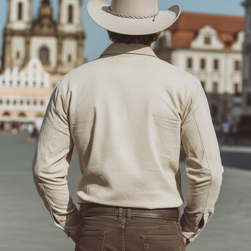 Men's Vintage Beige Faux Suede Embroidered Long-sleeved Shirt MTZ0817A8U