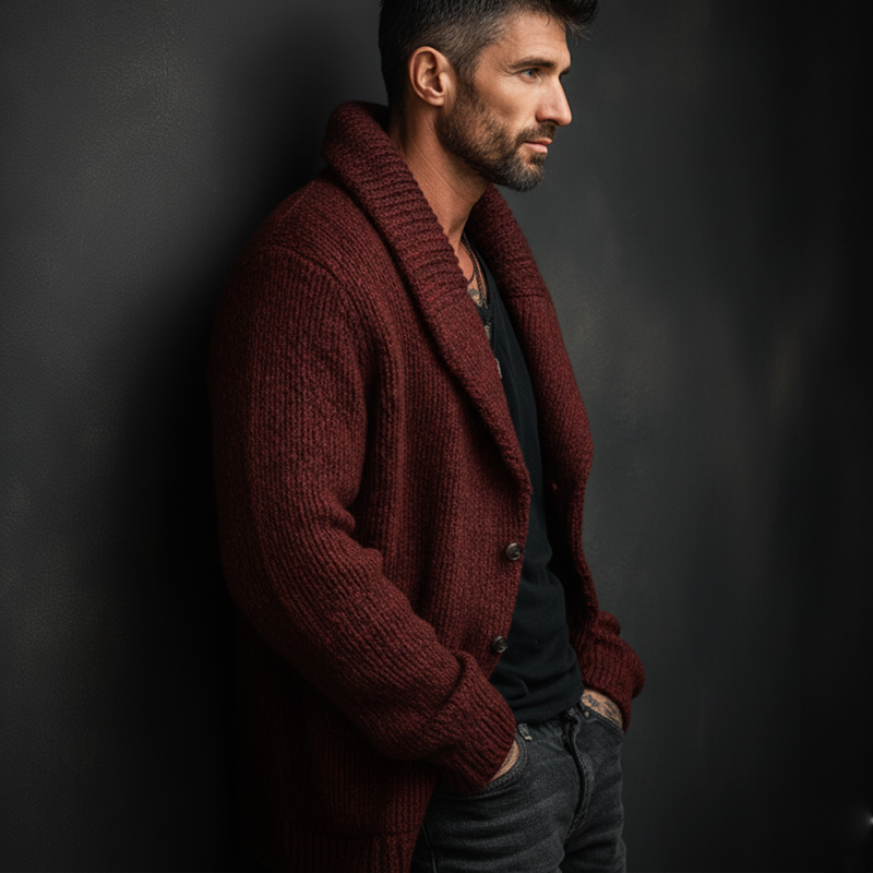 Men's Retro Dark Red Collar Button-Down Knit Cardigan MTA1248K8U