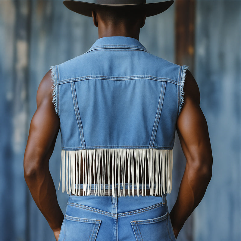 Men's Western Cowboy Style Tassel Denim Vest MTA1428E9U