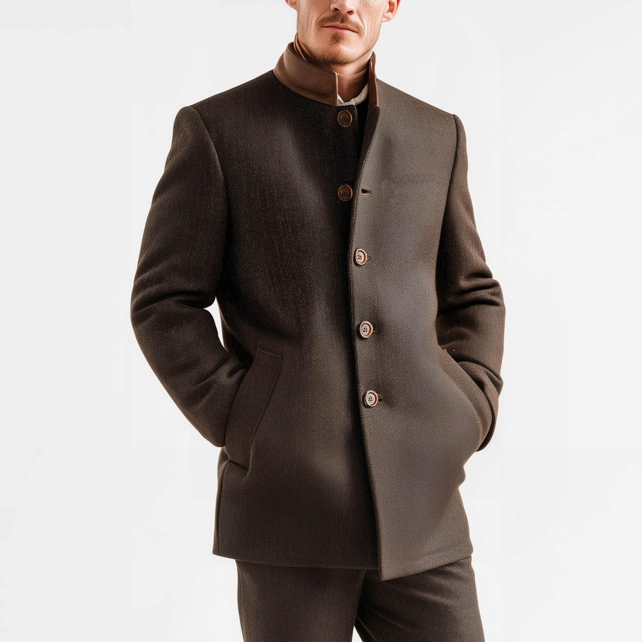 Men's Classic Retro PU Leather Stand Collar Herringbone Woolen Slim Fit Jacket MTA1675I8K
