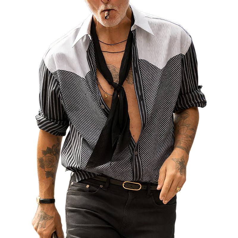 Men's Retro Striped Casual Lapel Long Sleeve Shirt MTA0459G8TO