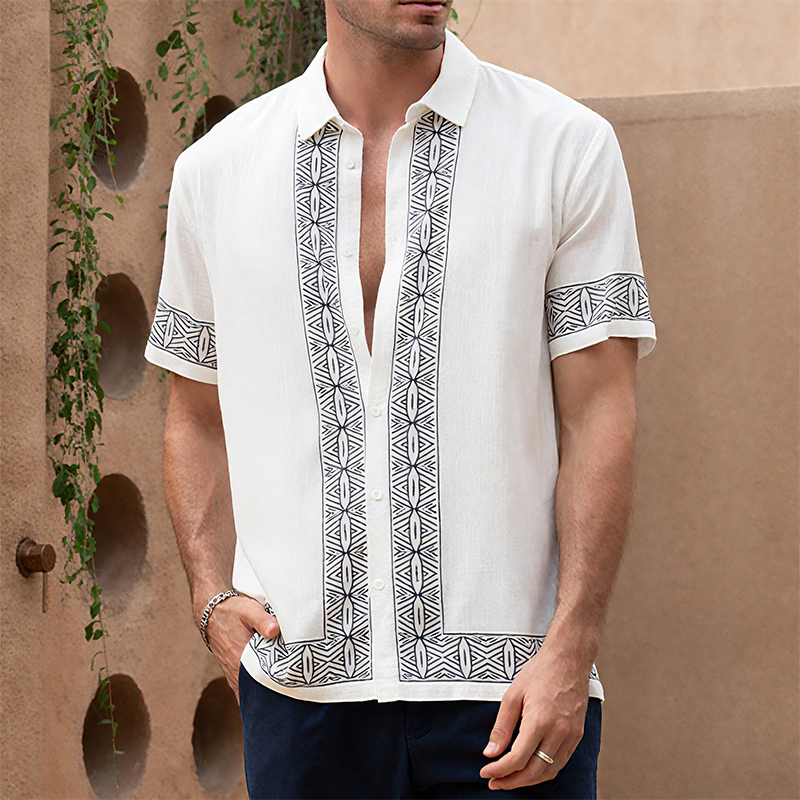 Men's Summer Casual Cotton And Linen Printed Lapel Short-sleeved Shirt MTA0295G2K