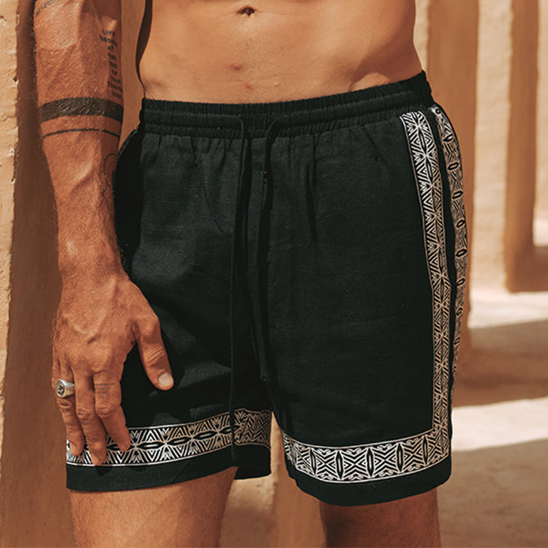 Men's Summer Casual Cotton And Linen Printed Elastic Waist Shorts MTA0270G5K