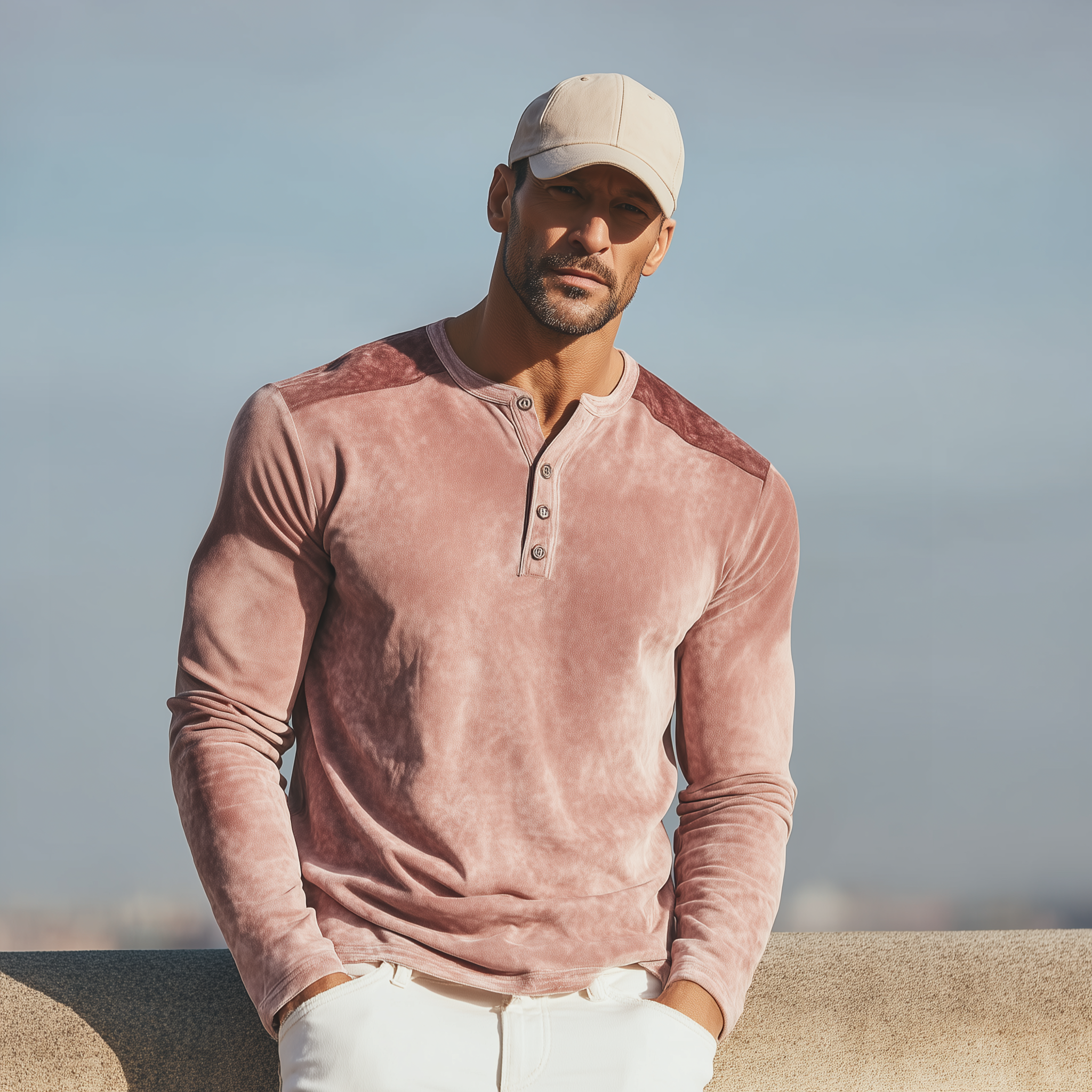 Men's Classic Casual Henley Neck Pink Suede Slim Fit Long Sleeve T-Shirt MTA1896H4K