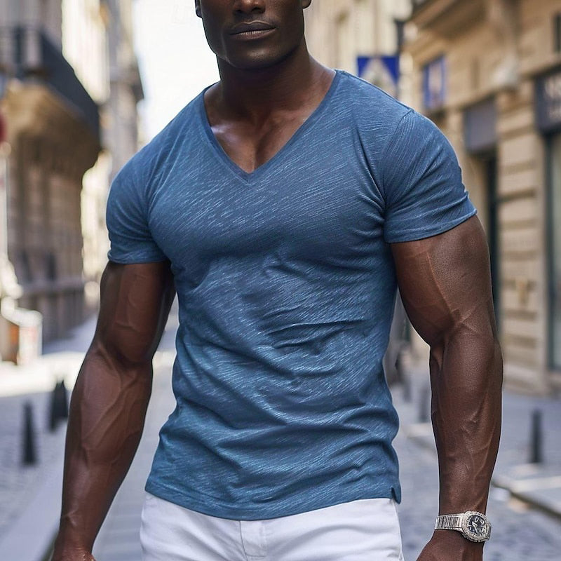 Men's Casual Cotton Blended Short Sleeve V Neck T-Shirt MTA1933E2X