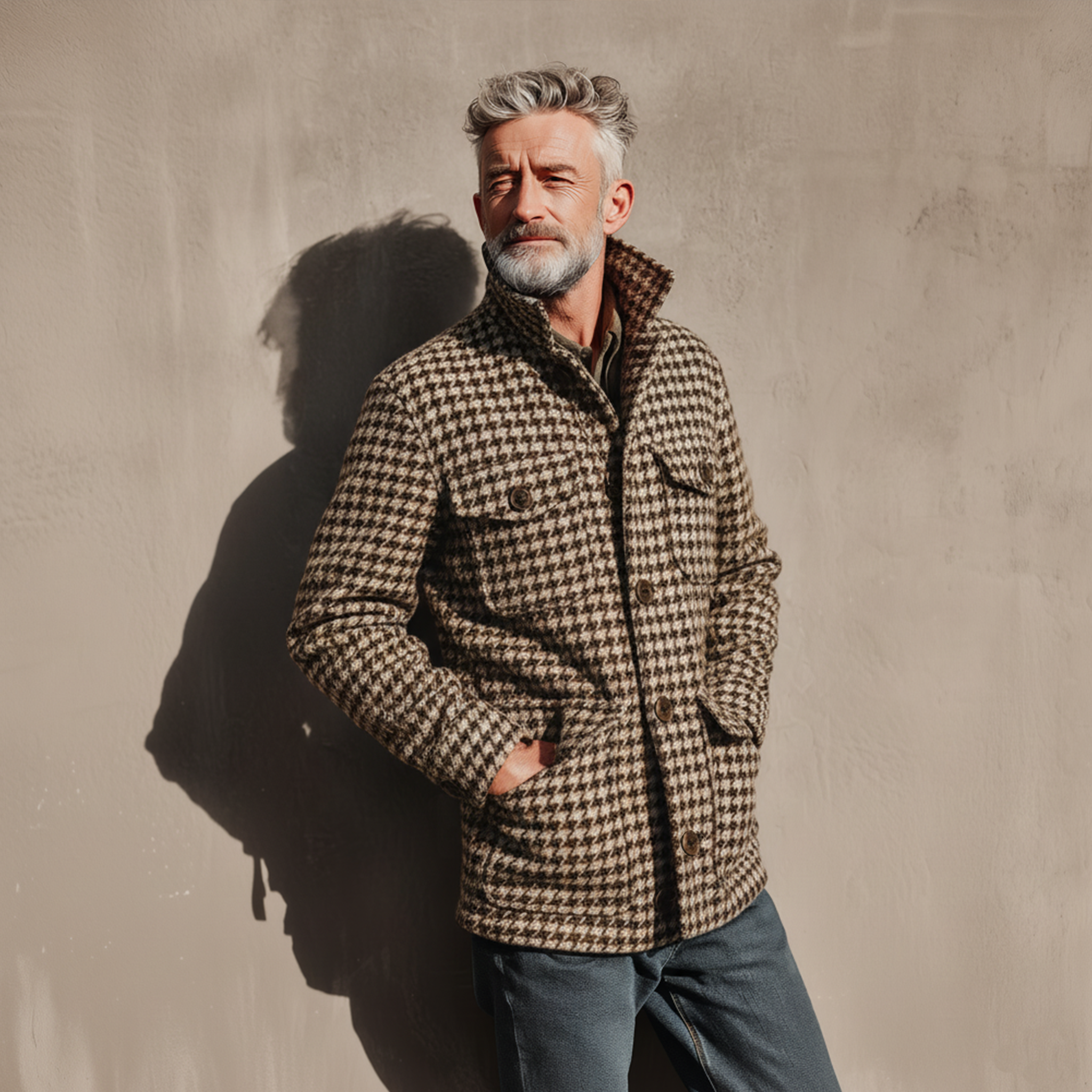 Men's Classic Retro Stand Collar Multi-pocket Faux Houndstooth Woolen Jacket MTA2964I6K