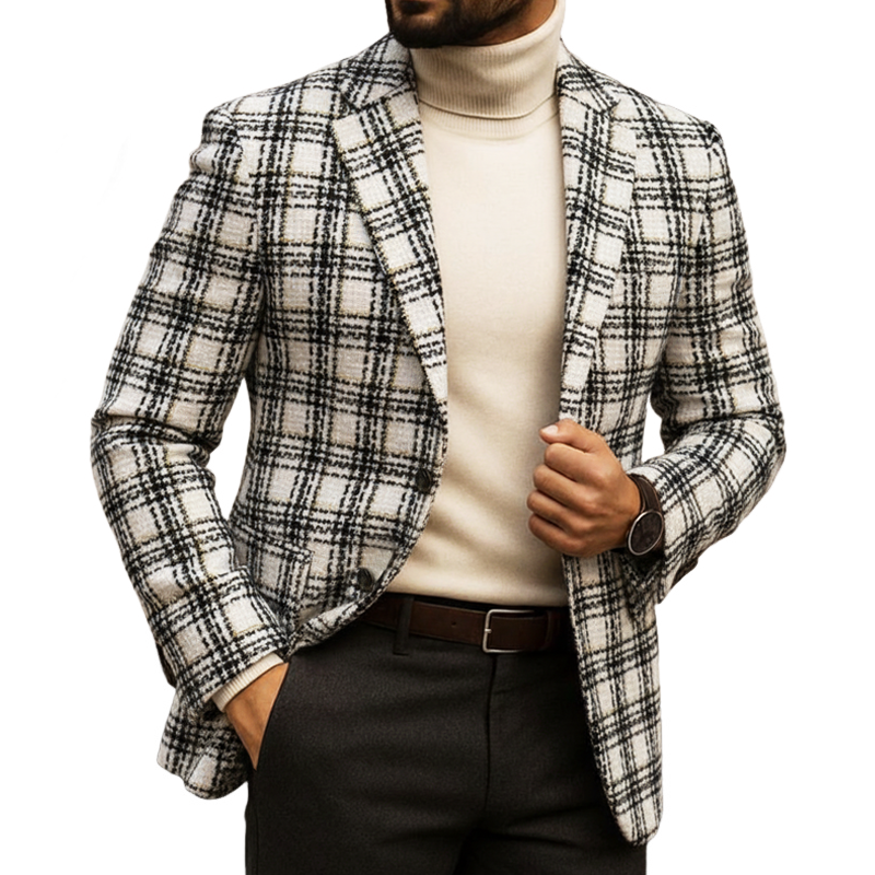 Men's Retro Elegant White Check Gold Thread Tweed Two-Button Single-vent Blazer MTA1238L9U