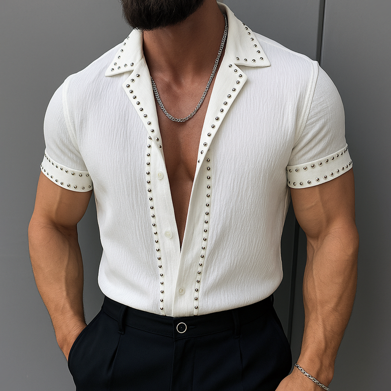 Men's Fashion Rivet Lapel Short Sleeve Shirt MTA1791G6Z
