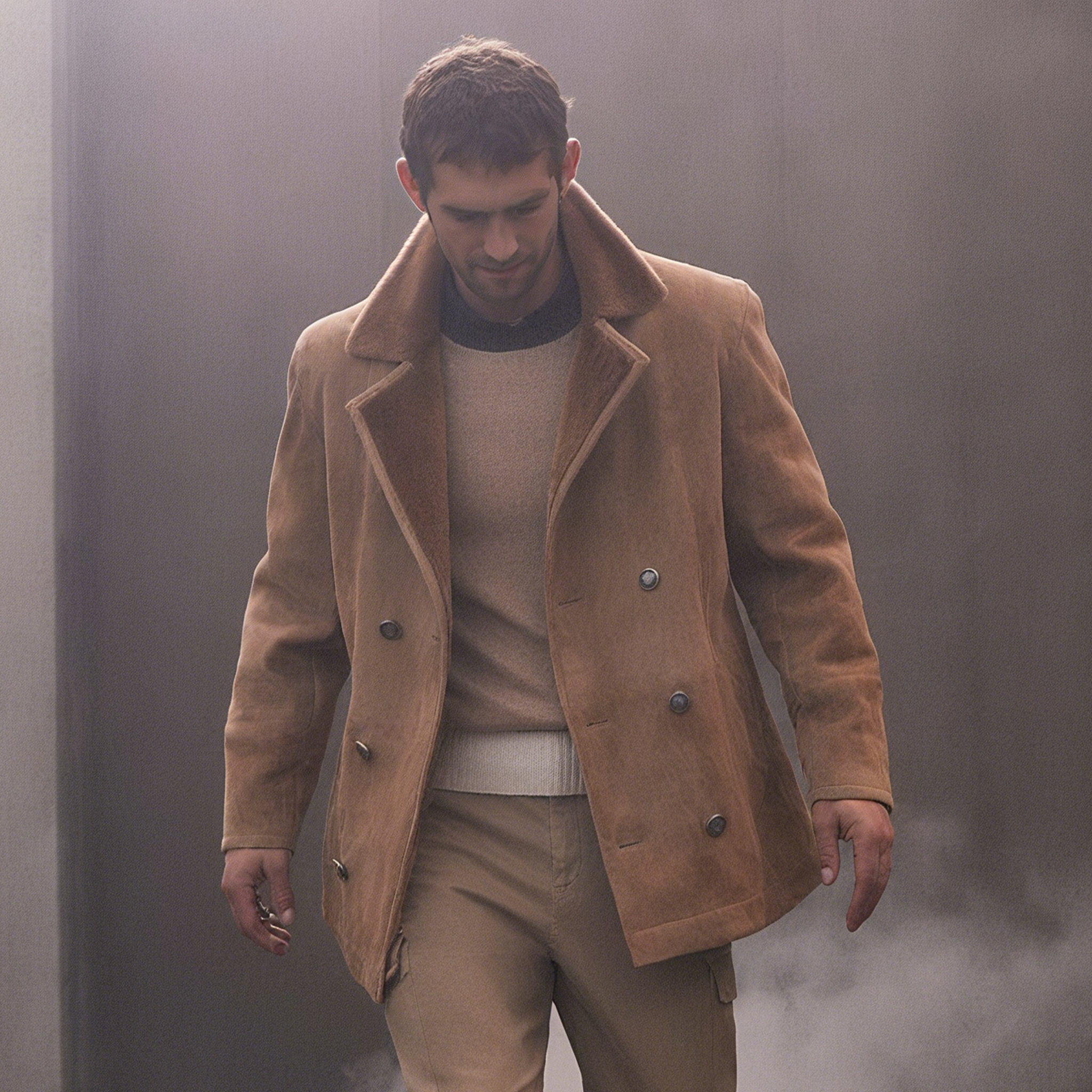 Men's Classic Retro Patchwork Fleece Lined Double-Breasted Lapel Faux Suede Jacket MTA3118J0K