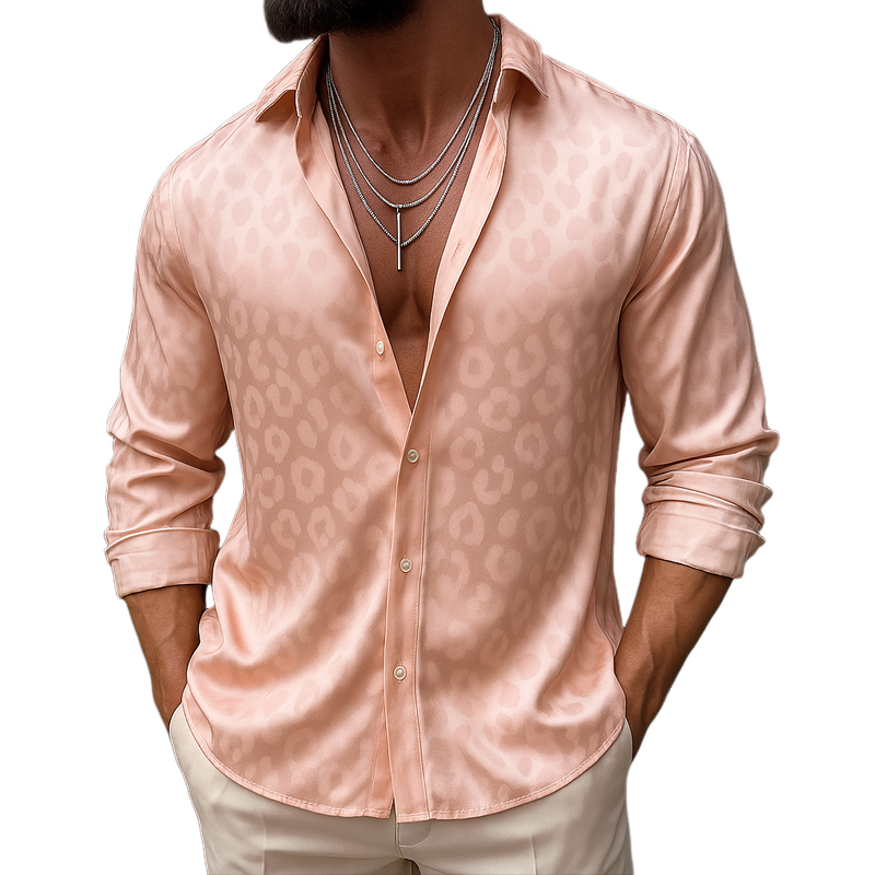 Men's Leopard Satin Lapel Long Sleeve Shirt MTA2135G0Z