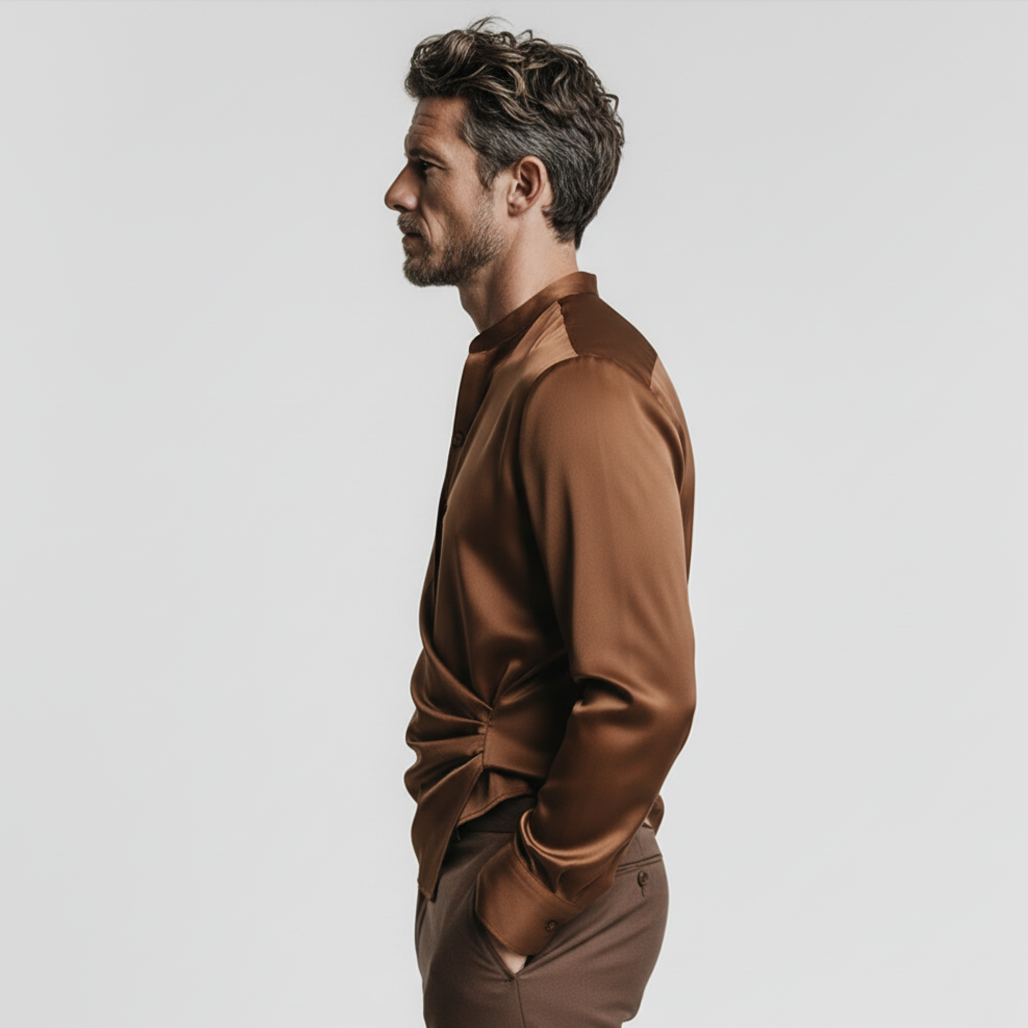 Men's Classic Casual Satin Stand-collar Pullover Long-sleeved Shirt MTZ0924A3K