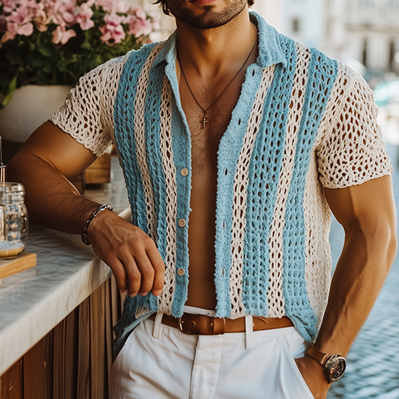 Men's Summer Fashion Casual Knitted Hollow Vertical Striped Short-sleeved Shirt MTA2667F2K
